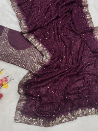 Thumbnail for Malishka Women's Georgette Sequence Embroidery Bollywood Saree With Blouse Piece - Wine - Distacart