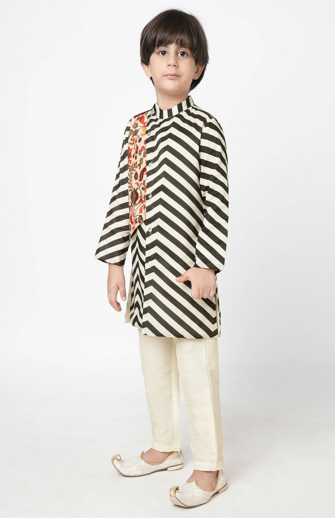 Lil Drama Chromatic Fusion Boys Black & White Stripe Kurta Pant Set - Distacart