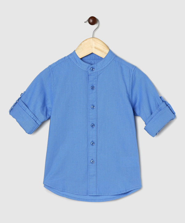 Manet Boys Mandarin Collar Full Sleeves Melange Shirt - Light Blue - Distacart