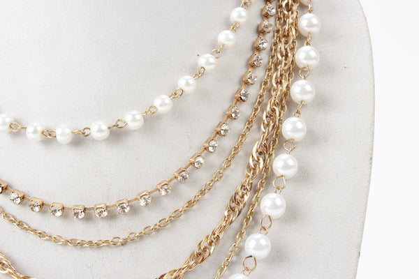 Gold-Plated Alloy Rhinestones And Pearl Layered Necklace - The Pari - Distacart