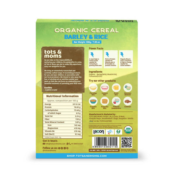 Tots and Moms Organic Cereal Barley & Rice Cereal - Distacart