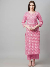 Thumbnail for Malishka Women's Printed Pink Cotton Blend Kurta Pant Set - Pink - Distacart