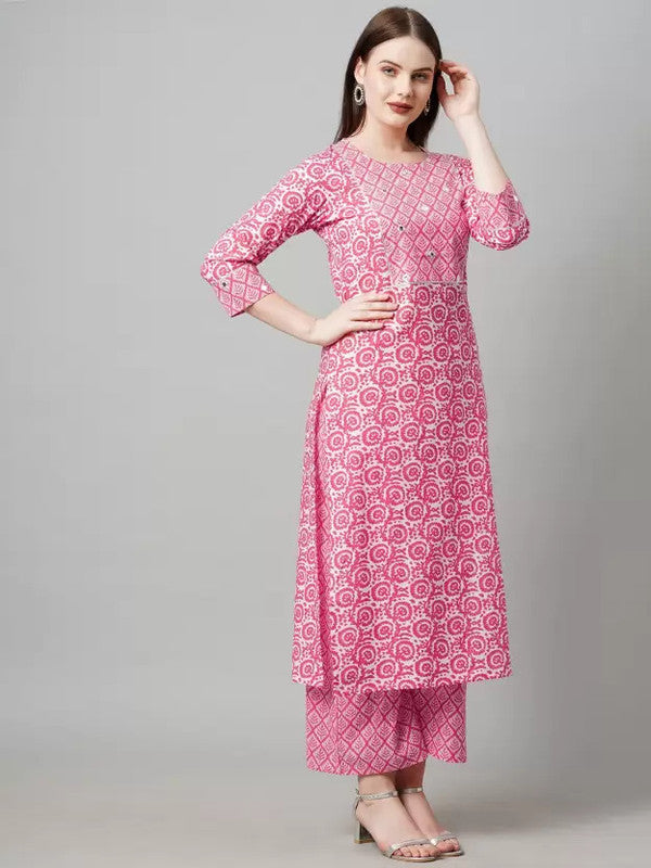 Malishka Women's Printed Pink Cotton Blend Kurta Pant Set - Pink - Distacart