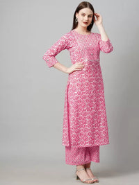 Thumbnail for Malishka Women's Printed Pink Cotton Blend Kurta Pant Set - Pink - Distacart