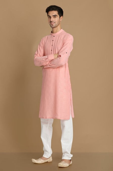 Manyavar Men Peach-Coloured Mandarin Collar Self Design Kurta - Distacart