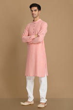 Thumbnail for Manyavar Men Peach-Coloured Mandarin Collar Self Design Kurta - Distacart