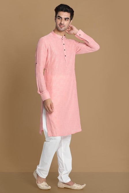 Manyavar Men Peach-Coloured Mandarin Collar Self Design Kurta - Distacart