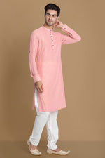 Thumbnail for Manyavar Men Peach-Coloured Mandarin Collar Self Design Kurta - Distacart