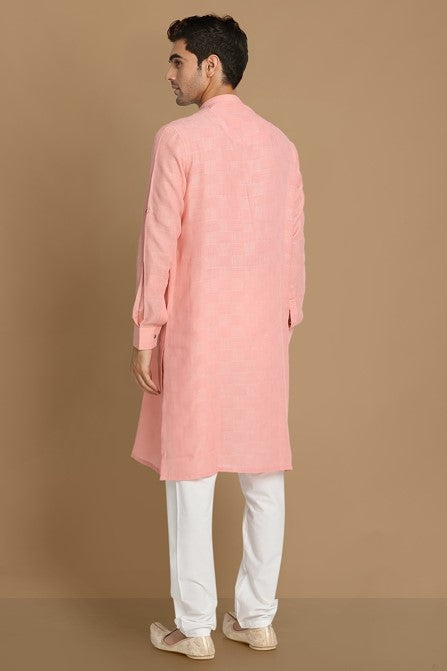 Manyavar Men Peach-Coloured Mandarin Collar Self Design Kurta - Distacart