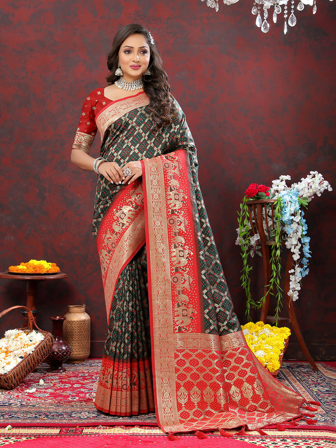 Lorenvalley Fashion Green & Red Patola Silk Woven Design Meenakari Weaving Saree - Distacart