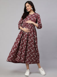 Thumbnail for NOZ2TOZ Women Burgundy Printed Flared Maternity Dress - Distacart