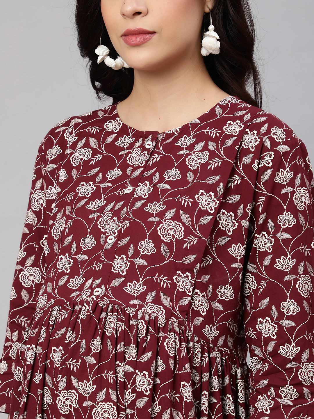 NOZ2TOZ Women Burgundy Printed Flared Maternity Dress - Distacart