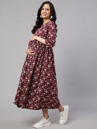 Thumbnail for NOZ2TOZ Women Burgundy Printed Flared Maternity Dress - Distacart