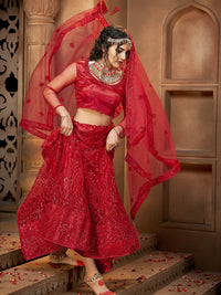 Thumbnail for Myra Deep Red Heavy Embroidered Net Lehenga - Distacart