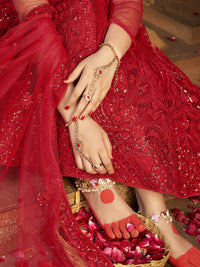 Thumbnail for Myra Deep Red Heavy Embroidered Net Lehenga - Distacart