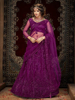 Thumbnail for Myra Wine Heavy Embroidered Net Lehenga - Distacart