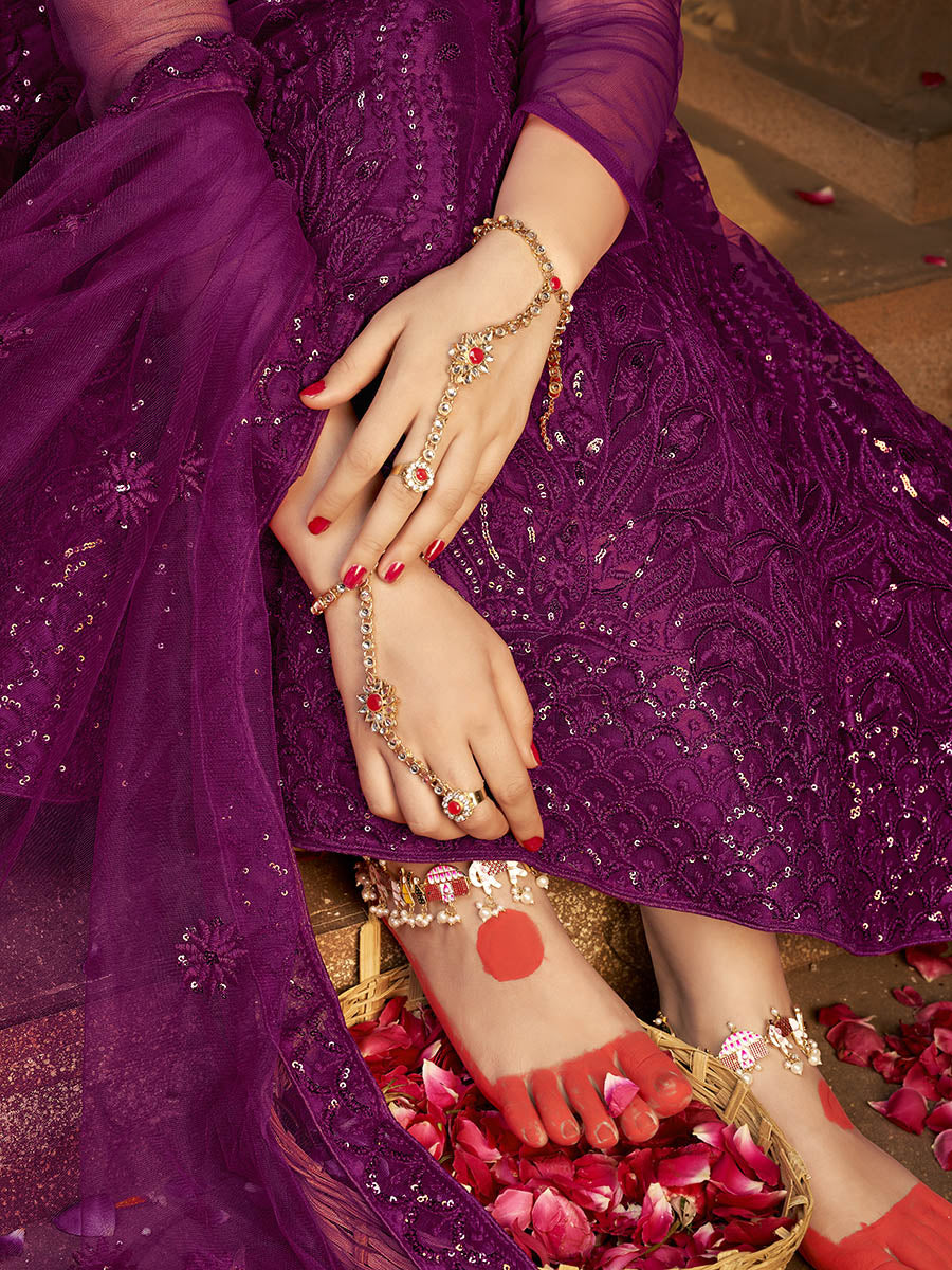Myra Wine Heavy Embroidered Net Lehenga - Distacart