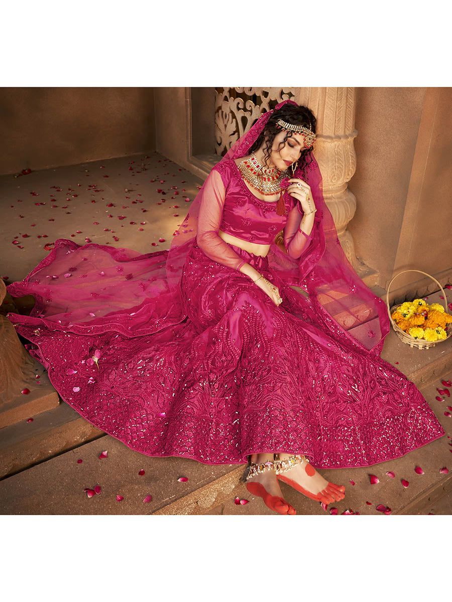 Myra Pink Heavy Embroidered Net Lehenga - Distacart