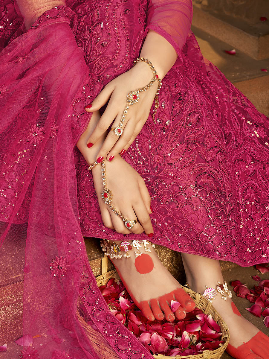 Myra Pink Heavy Embroidered Net Lehenga - Distacart