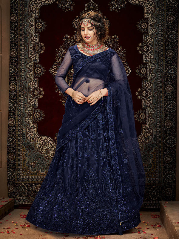 Myra Navy Blue Heavy Embroidered Net Lehenga - Distacart