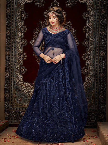 Myra Navy Blue Heavy Embroidered Net Lehenga - Distacart