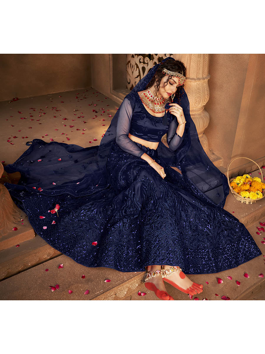 Myra Navy Blue Heavy Embroidered Net Lehenga - Distacart