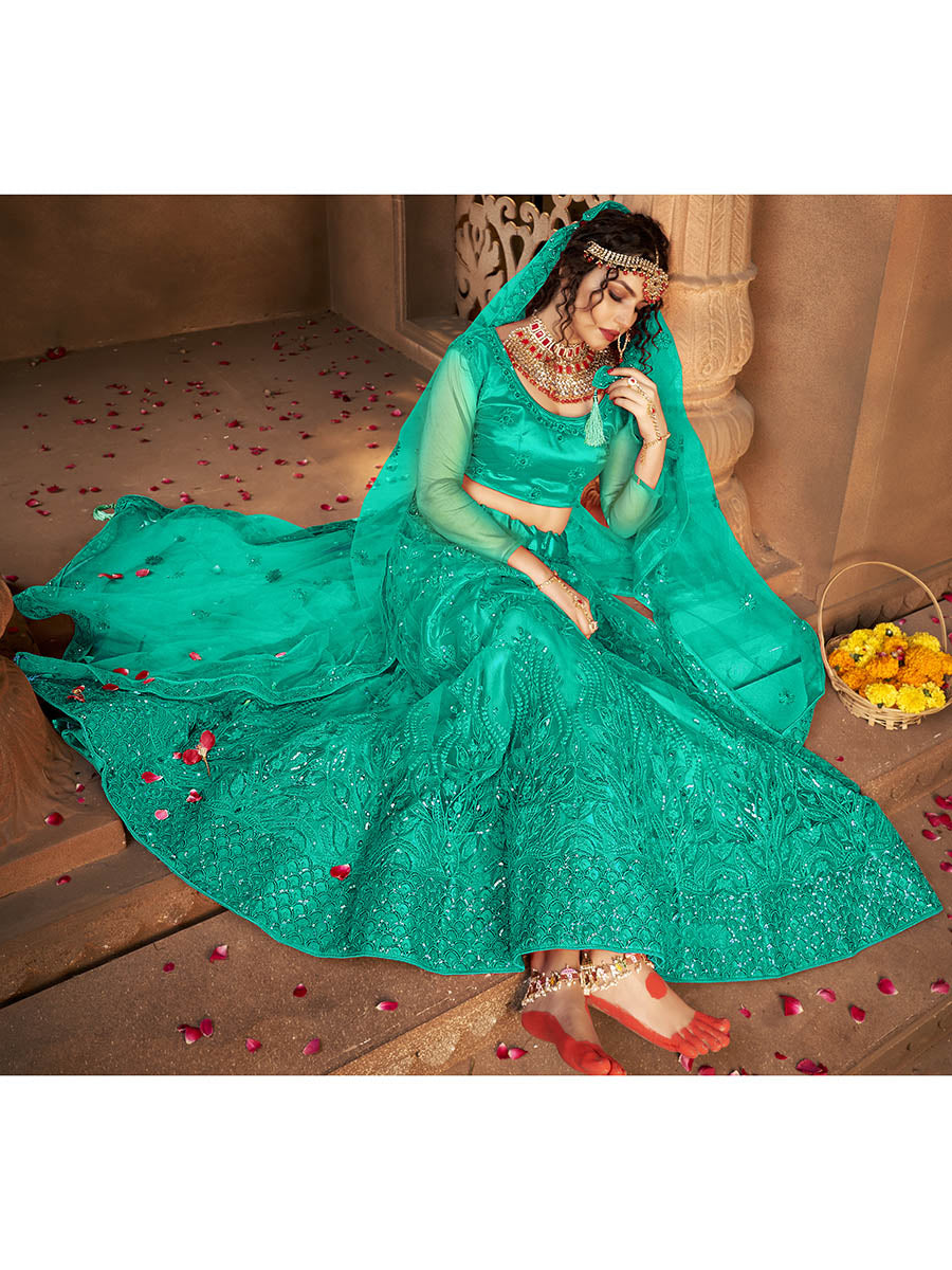 Myra Sea Green Heavy Embroidered Net Lehenga - Distacart