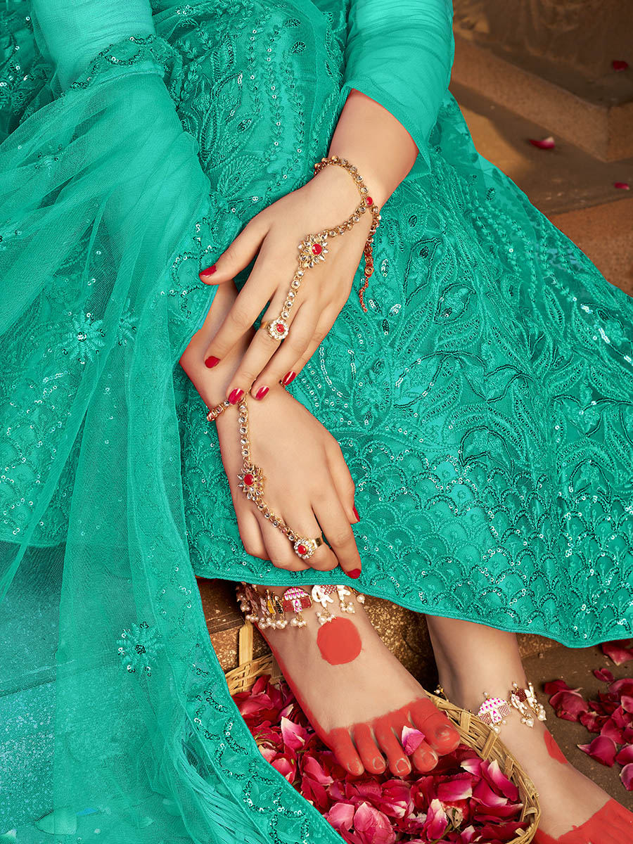 Myra Sea Green Heavy Embroidered Net Lehenga - Distacart
