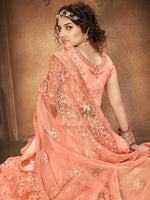 Thumbnail for Myra Peach Heavy Embroidered Net Lehenga - Distacart