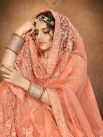 Thumbnail for Myra Peach Heavy Embroidered Net Lehenga - Distacart