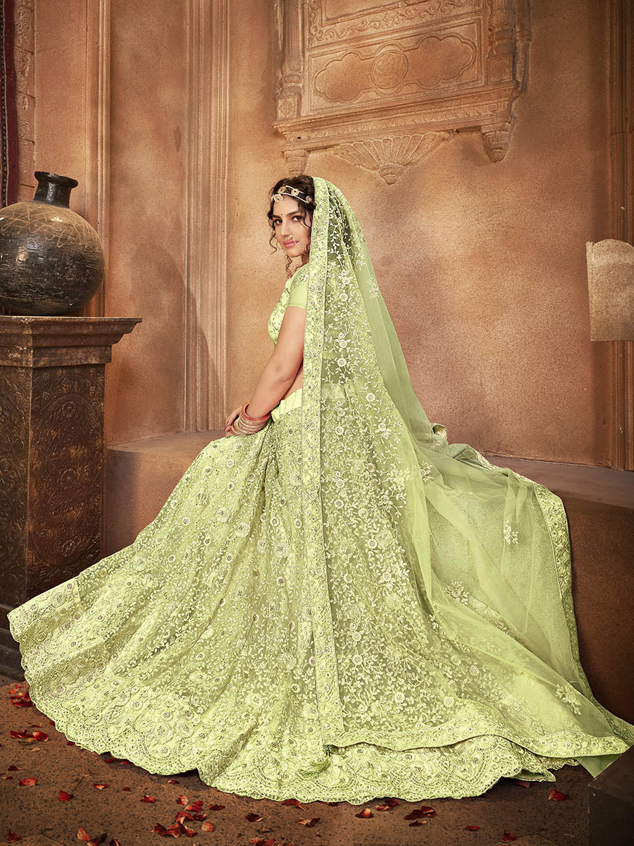 Myra Pista Green Heavy Embroidered Net Lehenga - Distacart