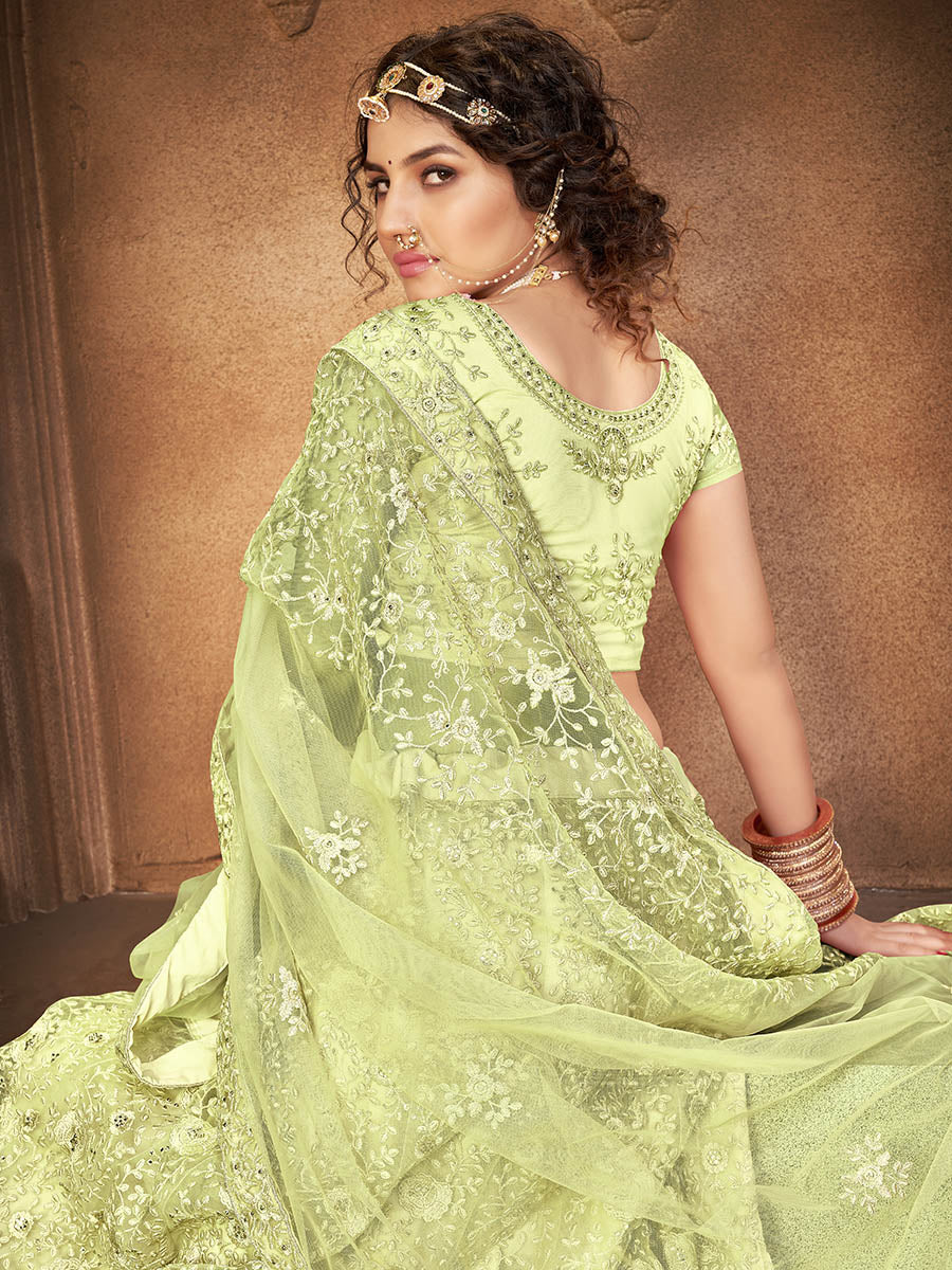 Myra Pista Green Heavy Embroidered Net Lehenga - Distacart
