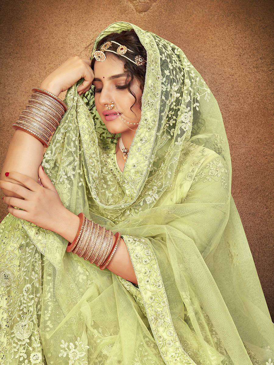 Myra Pista Green Heavy Embroidered Net Lehenga - Distacart