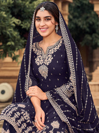 Thumbnail for Myra Navy Blue heavy Georgette Koti Style Embroidered Sharara Suit