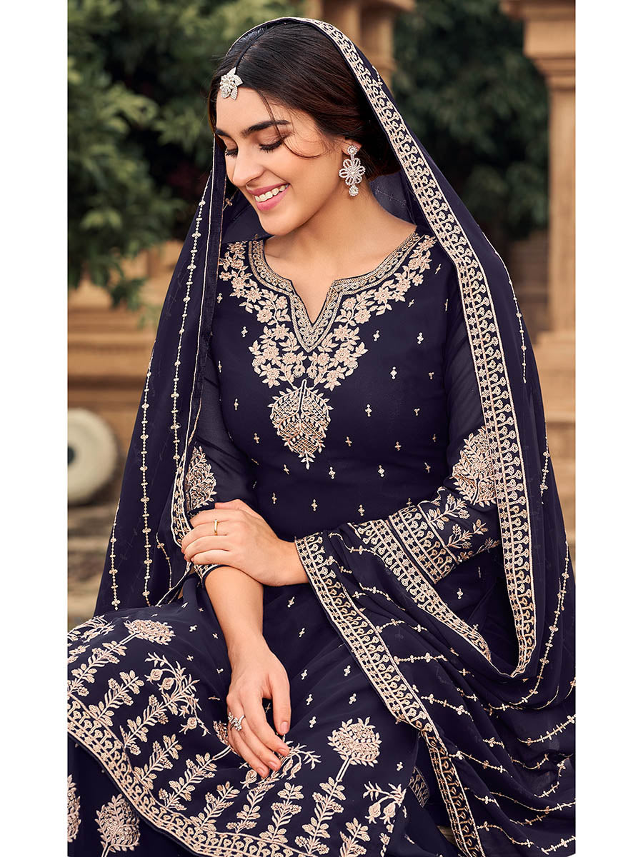 Myra Navy Blue heavy Georgette Koti Style Embroidered Sharara Suit