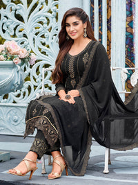 Thumbnail for Myra Black Faux Georgette Embroidered Pant Style Suit - Distacart