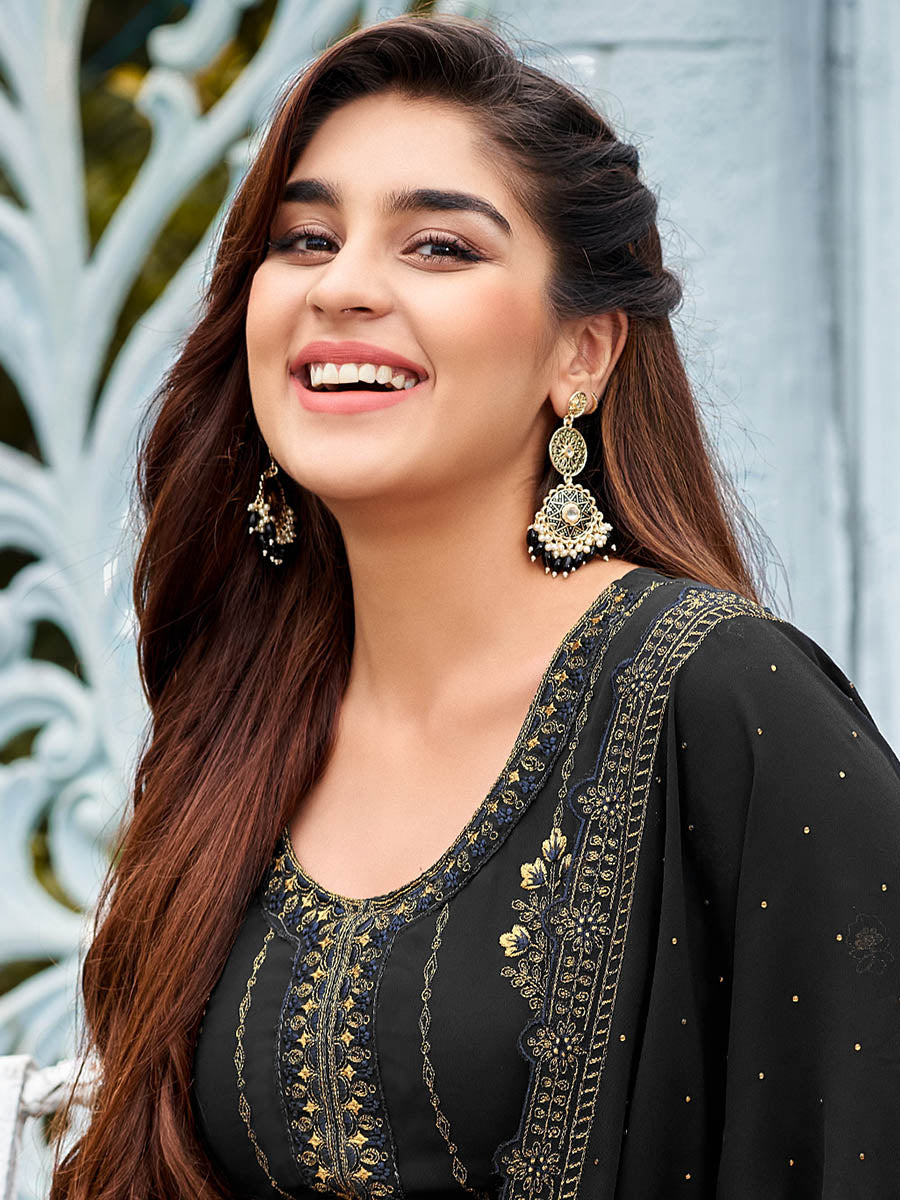 Myra Black Faux Georgette Embroidered Pant Style Suit - Distacart