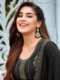 Thumbnail for Myra Black Faux Georgette Embroidered Pant Style Suit - Distacart