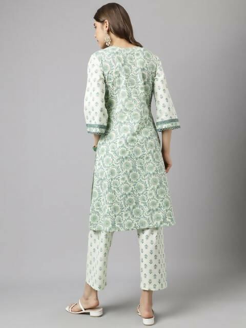 FIORRA Women's Sea Green Cotton A-Line Kurta Set - Distacart