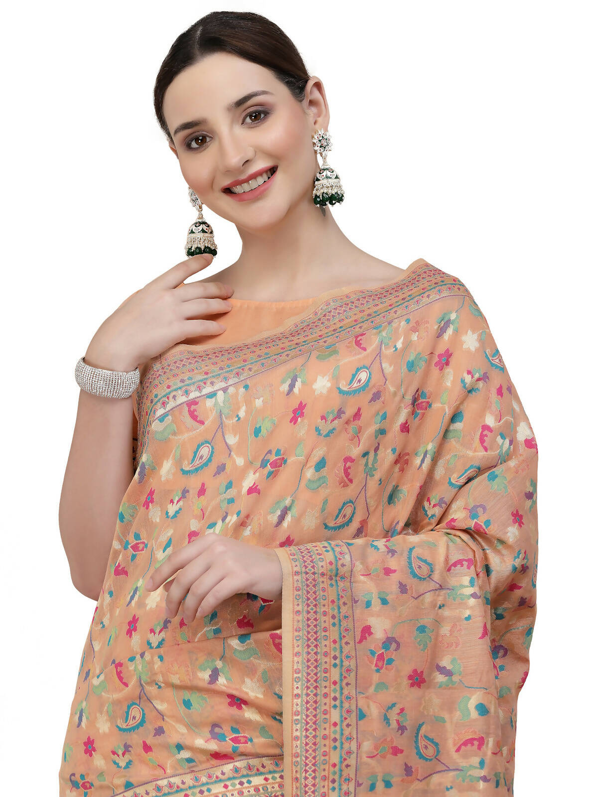 Peach Silk Blend Woven Design Saree With Unstitched Blouse Piece - Aloki - Distacart