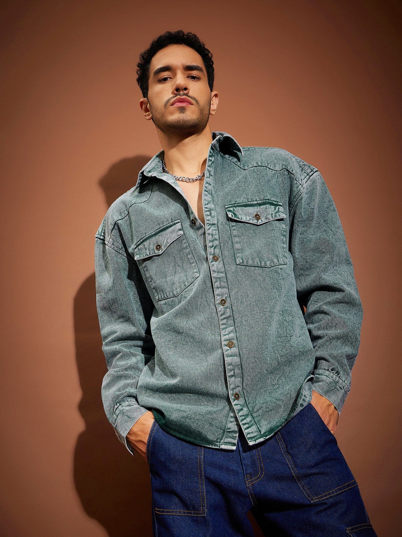 Lyush Men Green Washed Denim Oversized Shirt - Distacart