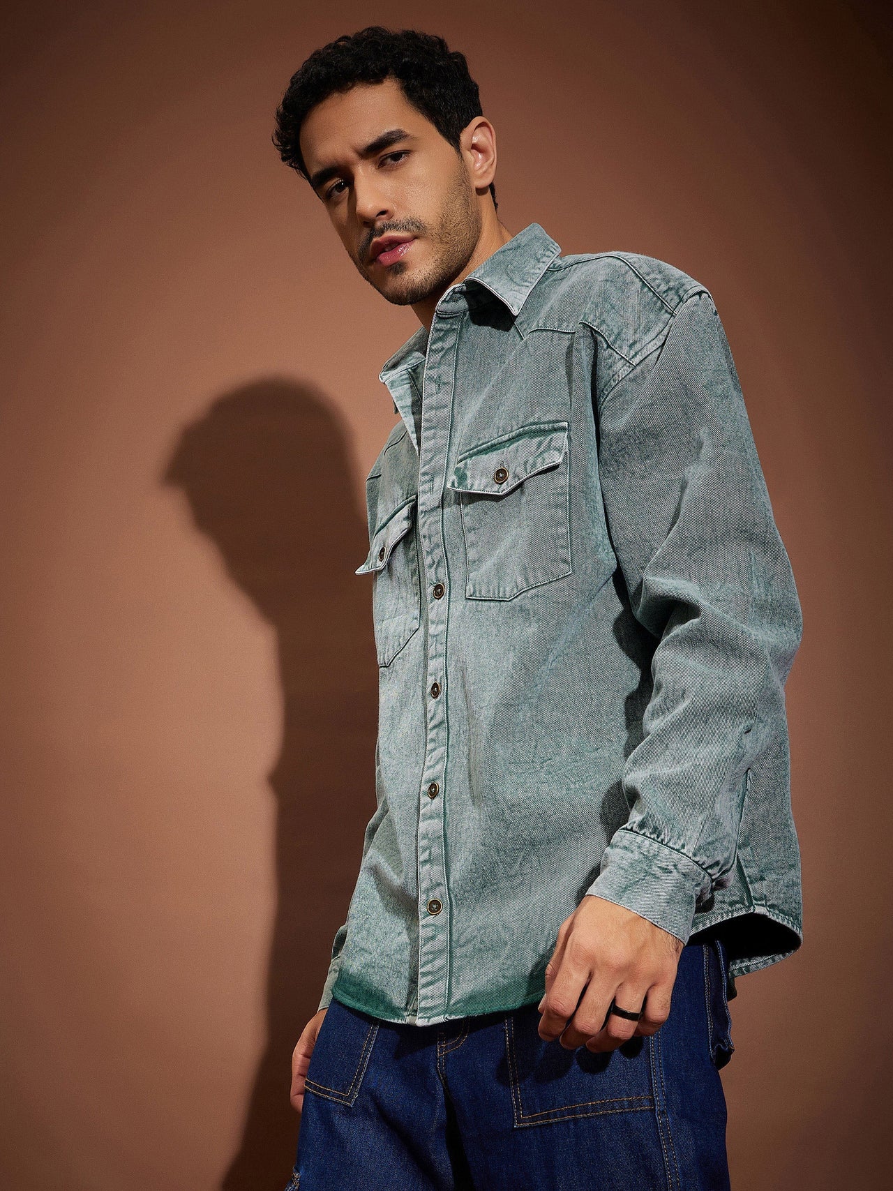 Lyush Men Green Washed Denim Oversized Shirt - Distacart