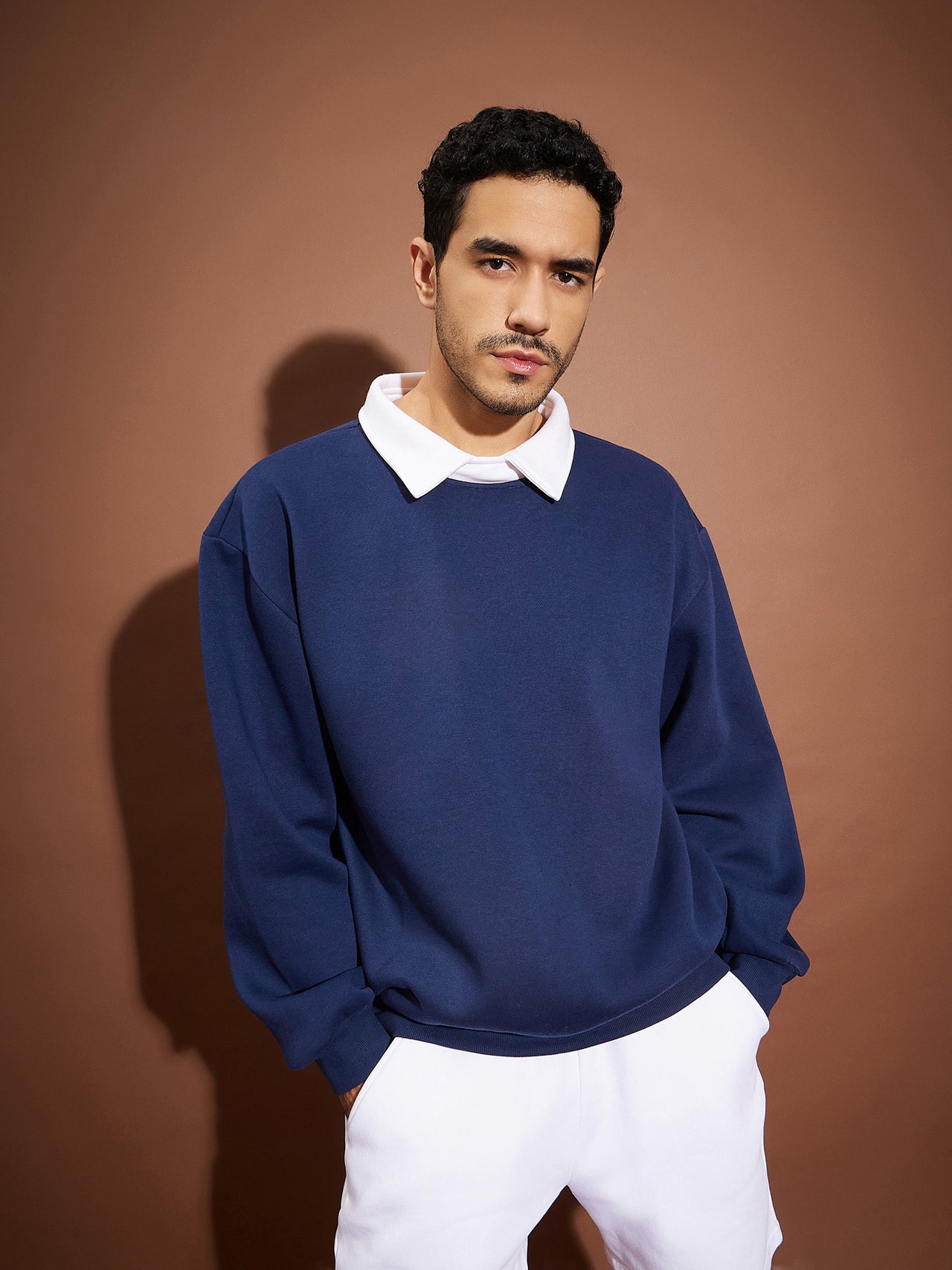 Lyush Men Navy Contrast Collar Oversized Sweatshirt - Distacart