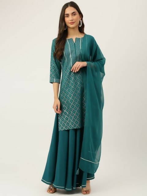 FIORRA Women's Teal Green Crepe Straight Kurta Skirt With Dupatta - Distacart