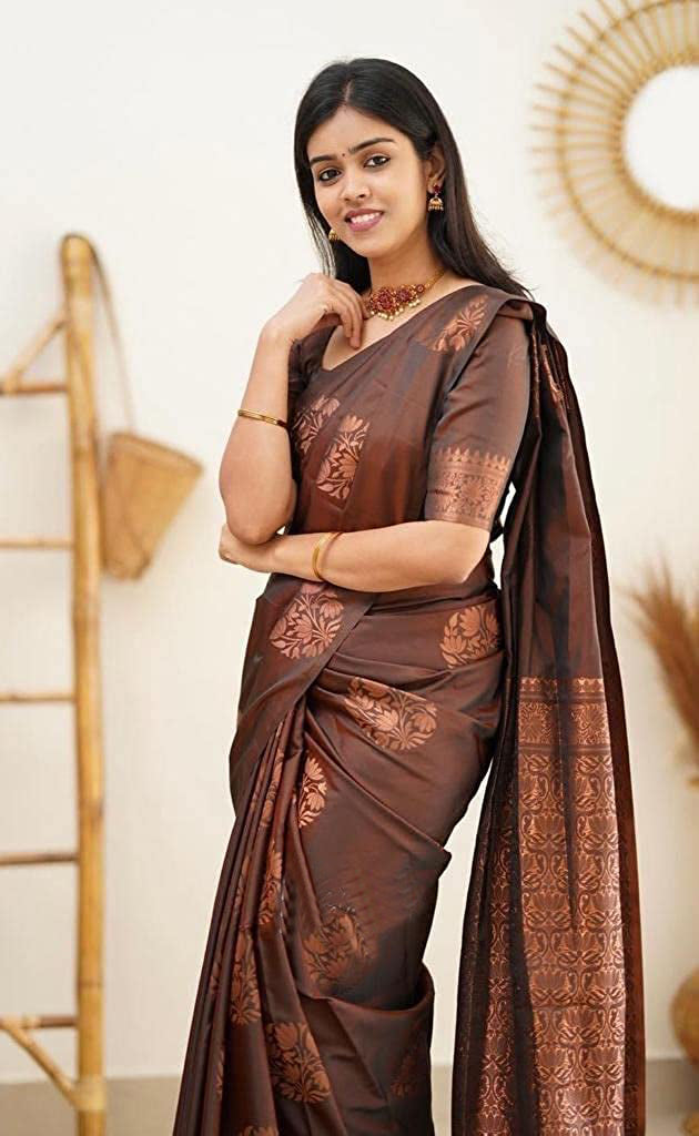 Vamika Brown Banarasi Jacquard Weaving Saree - Distacart