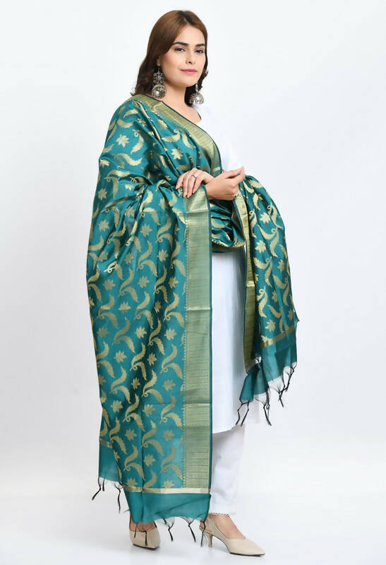 Mominos Fashion Moeza Women's Banarsi Silk Floral Woven Design Rama Green Dupatta - Distacart