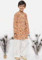Thumbnail for Little Bansi Cotton Block Floral Kurta with Pearl Buttons & Pyjama in Orange & Cream - Distacart