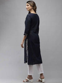 Thumbnail for Yufta Women Navy Blue Yoke Design Mirror Work Cotton Kurta