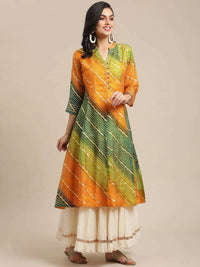 Thumbnail for Varanga Mustard Yellow & Green Bandhani Dyed Anarkali Kurta - Distacart
