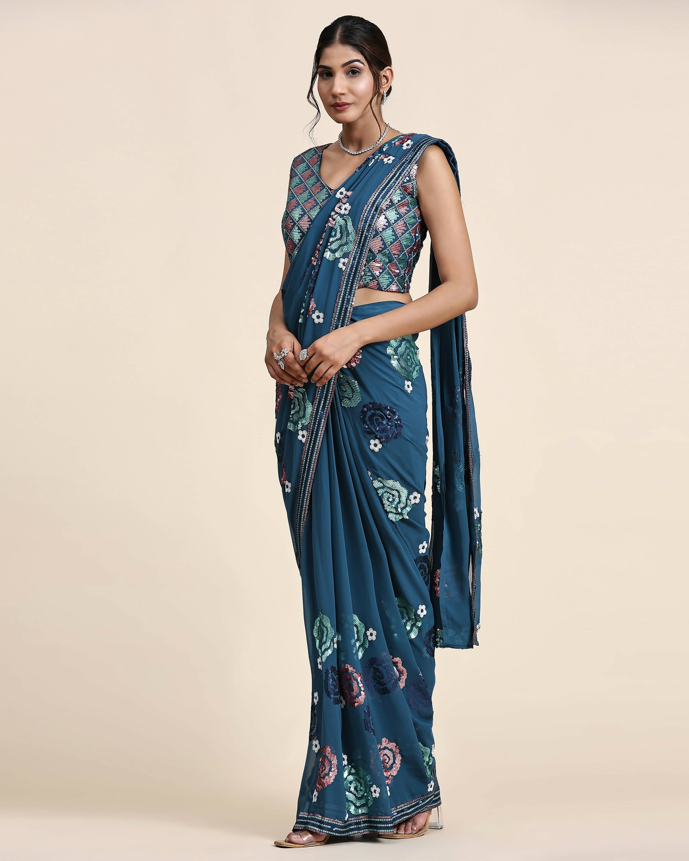Blue Pure Georgette Sequence work Ready to wear Saree with stitched Blouse - Nirvana - Distacart